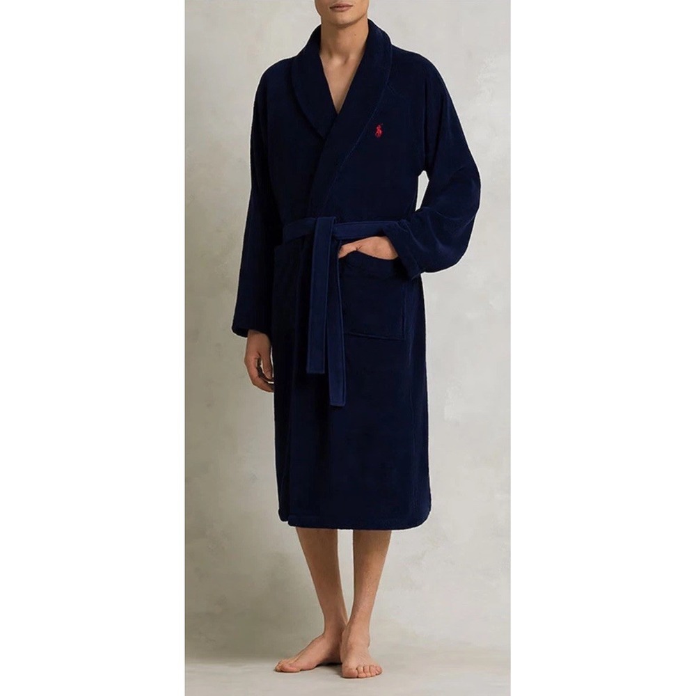 Polo Ralph Lauren Robe Terry Velour Blue Plush Large Pony Belted Wrap Men's OS